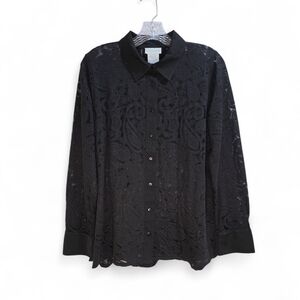 Soft Surroundings Black Paisley Lace Sheer Button Up Blouse Medium Classic Fit